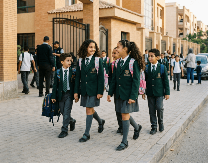 Four uniformed students walking outside St. Mary's Private School