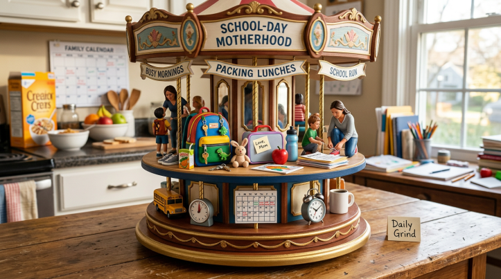 Carousel labeled “SCHOOL-DAY MOTHERHOOD,” with “BUSY MORNINGS,” “PACKING LUNCHES,” “SCHOOL RUN,” and “Daily Grind,” showing a mother and children, backpacks, lunch items, calendars, clocks, and a school bus.
