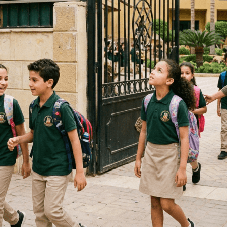 Students in uniforms arriving at Modern Egypt Private School entrance
