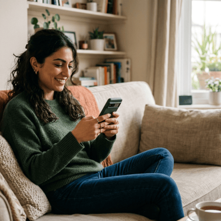 Woman sitting on a sofa and using a smartphone