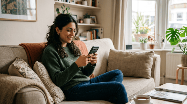 Woman sitting on a sofa and using a smartphone
